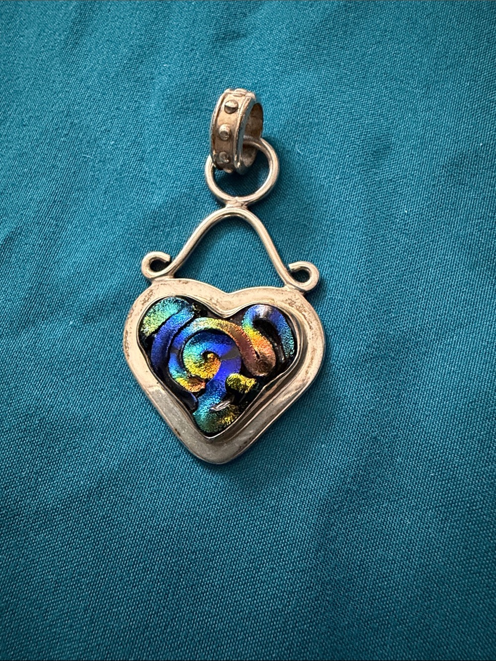 Heart-Shaped Dichroic Glass Pendant in sterling silver